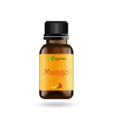 Amber glazen druppelflesje met zwarte dop en label Geurolie -mango met mango afbeelding